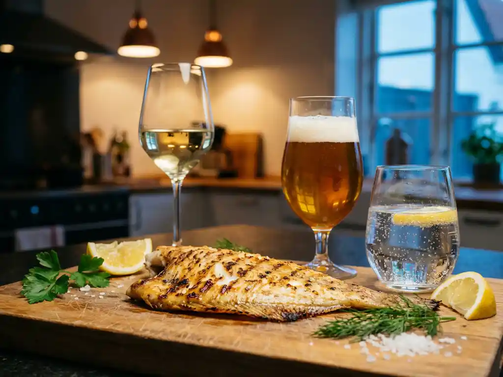 Gegrilde plaice filet op houten snijplank met drie glazen witte wijn, bier en spuitwater, citroenpartjes en verse kruiden