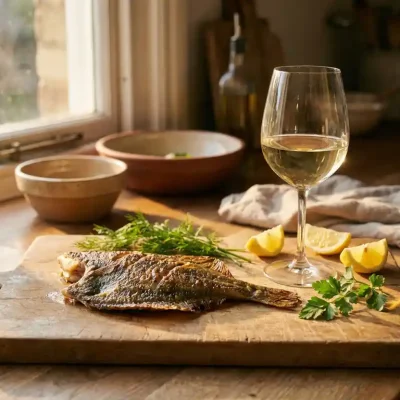 Gegrilde plaice filet op houten snijplank met witte wijn, citroen en verse kruiden in warme keukenverlichting