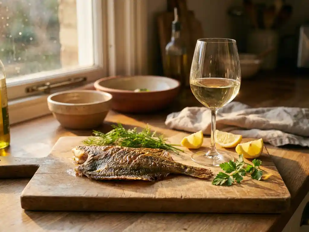 Gegrilde plaice filet op houten snijplank met witte wijn, citroen en verse kruiden in warme keukenverlichting