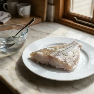 Bevroren scholfilet met condensdruppels ontdooit op wit keramisch bord naast glazen kom water op marmeren aanrecht