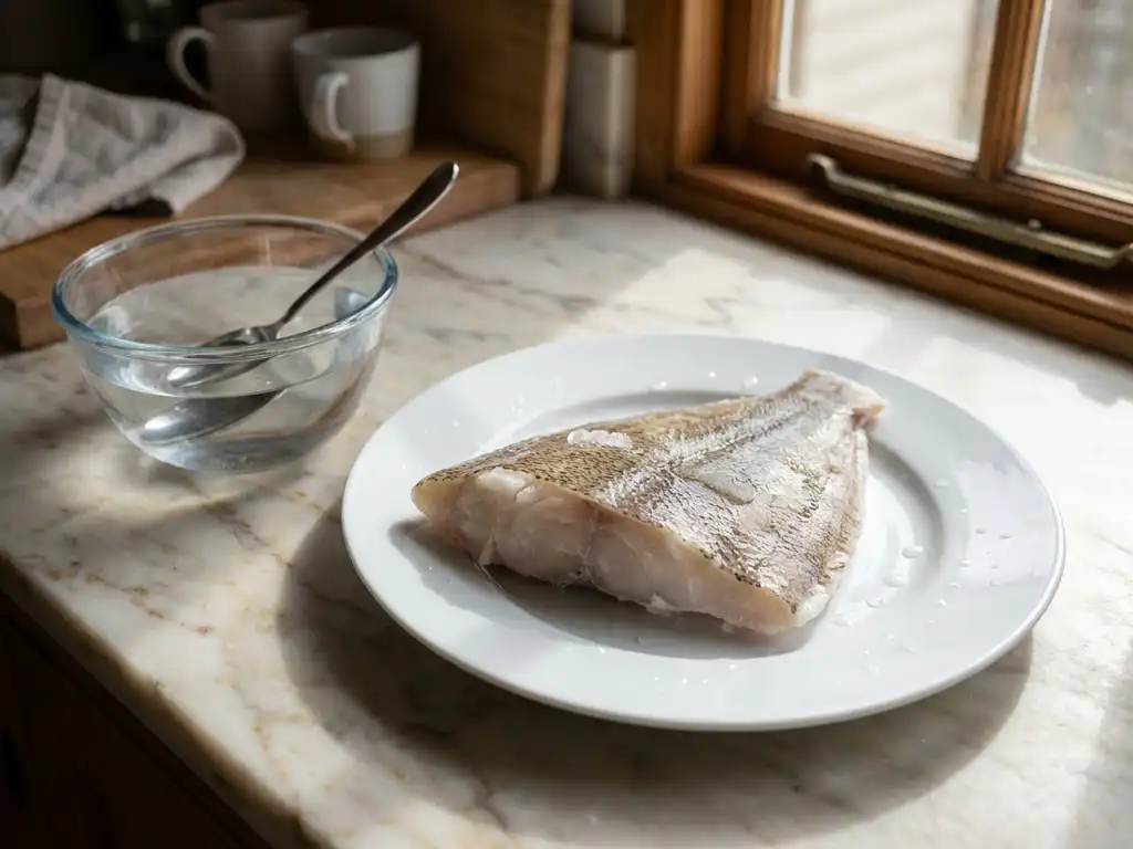 Bevroren scholfilet met condensdruppels ontdooit op wit keramisch bord naast glazen kom water op marmeren aanrecht