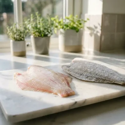Verse en bevroren plaice filets op marmeren snijplank in moderne keuken met natuurlijk daglicht