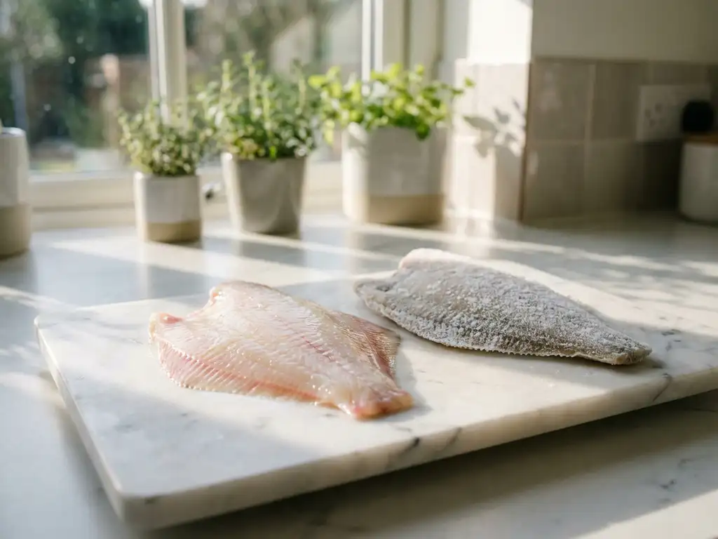 Verse en bevroren plaice filets op marmeren snijplank in moderne keuken met natuurlijk daglicht