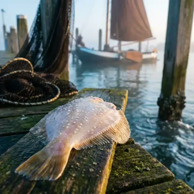 Verse scholfilet met dauwdruppels op verweerde houten steiger, vissersnetten en traditionele Nederlandse vissersboot in haven