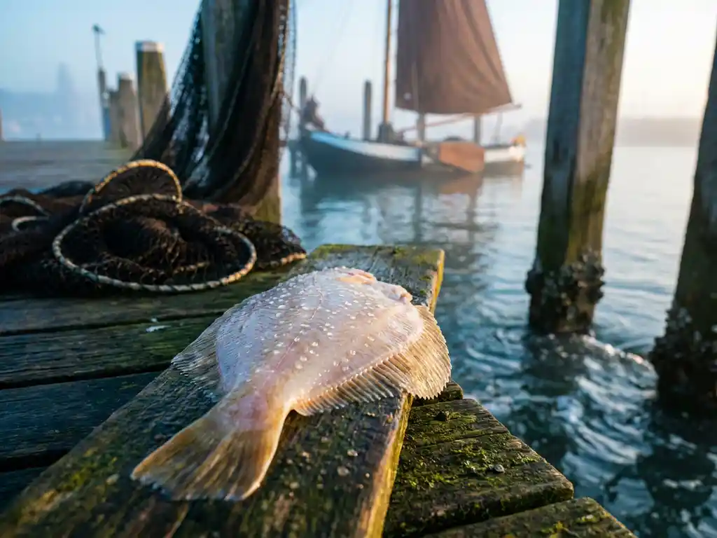 Verse scholfilet met dauwdruppels op verweerde houten steiger, vissersnetten en traditionele Nederlandse vissersboot in haven