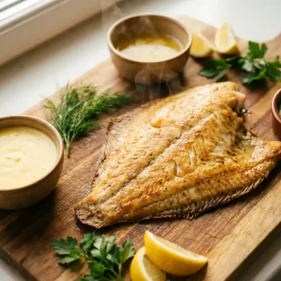Goudbruine scholfilet op houten snijplank met kommen hollandaise, botersaus en kruidenaioli, stoom stijgt op