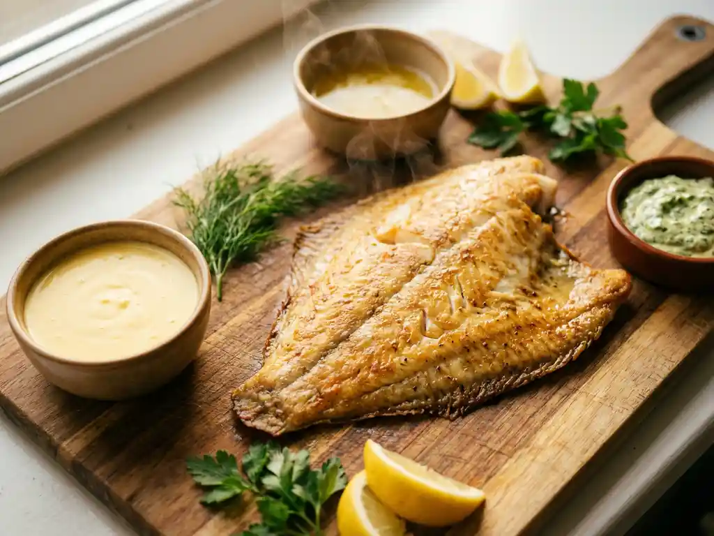 Goudbruine scholfilet op houten snijplank met kommen hollandaise, botersaus en kruidenaioli, stoom stijgt op