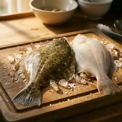 Twee verse plaice vissen op verweerde houten snijplank, wilde met gevlekte bruine huid naast bleke gekweekte vis