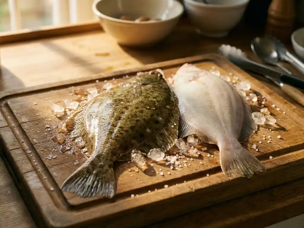 Twee verse plaice vissen op verweerde houten snijplank, wilde met gevlekte bruine huid naast bleke gekweekte vis