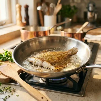 Scholfilet wordt gebakken in roestvrijstalen pan met goudbruine korst, verse kruiden en houten spatel op professionele keuken aanrecht