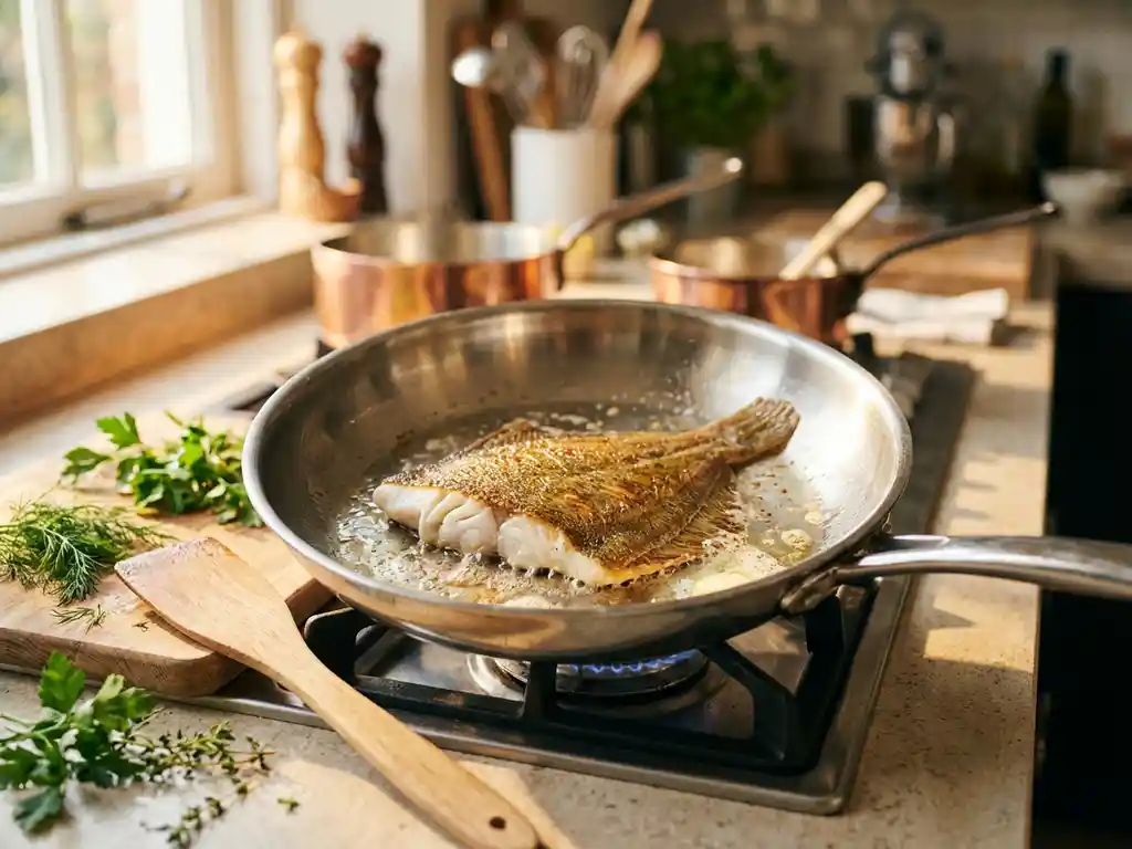 Scholfilet wordt gebakken in roestvrijstalen pan met goudbruine korst, verse kruiden en houten spatel op professionele keuken aanrecht