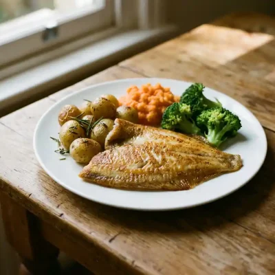 Goudbruin gebakken scholfilet op wit bord met geroosterde aardappeltjes, broccoli en wortelenpuree op houten tafel