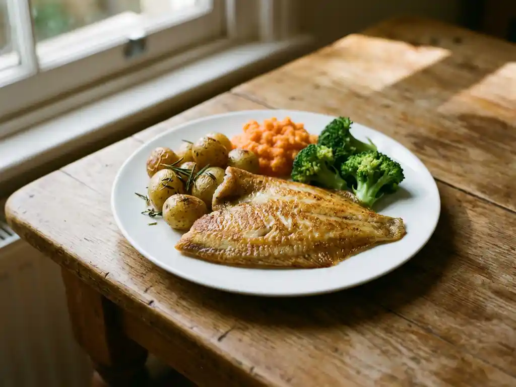 Goudbruin gebakken scholfilet op wit bord met geroosterde aardappeltjes, broccoli en wortelenpuree op houten tafel