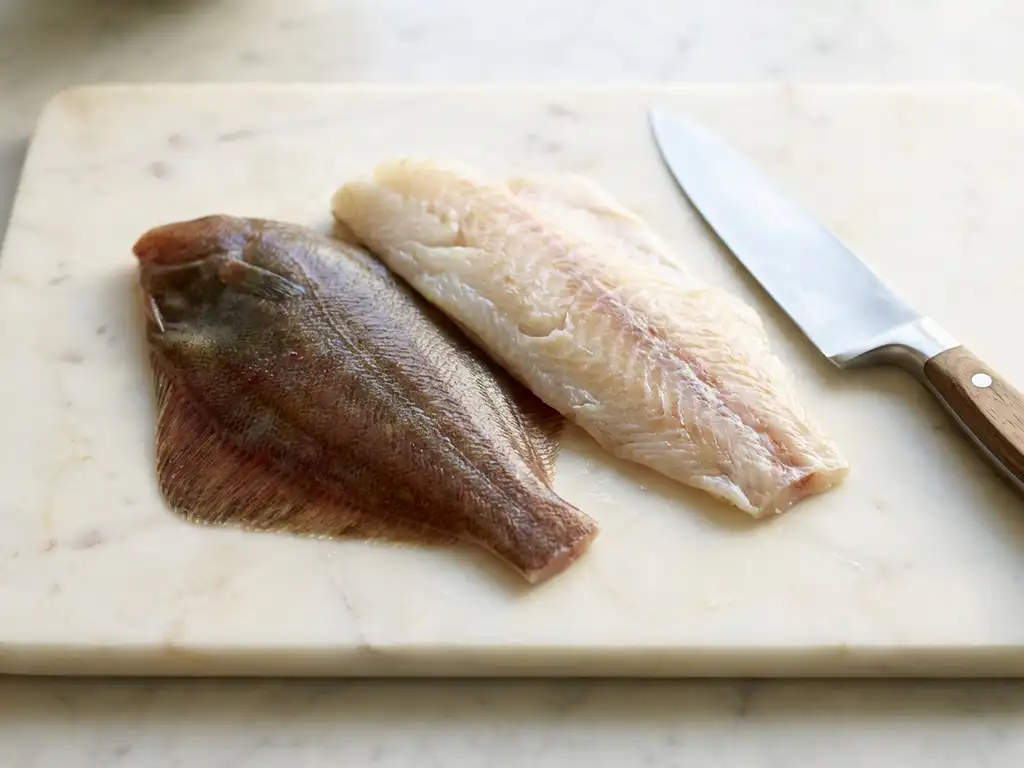 Verse scholfilet en kabeljauwfilet op witte marmeren snijplank met koksmes, natuurlijk daglicht