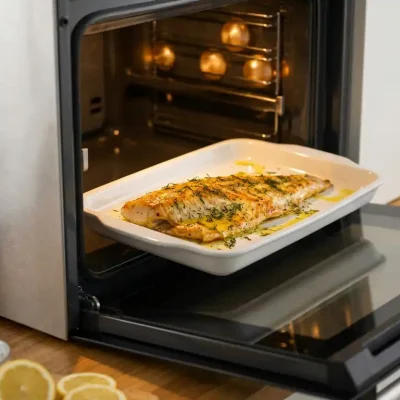 Goudbruine scholfilet in witte ovenschaal met olijfolie en kruiden, warme ovenlicht toont de malse visstructuur