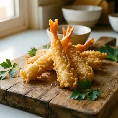 Goudbruine tempura garnalen op rustieke houten snijplank met verse kruiden in warme keukensfeer