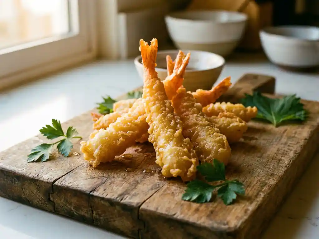 Goudbruine tempura garnalen op rustieke houten snijplank met verse kruiden in warme keukensfeer