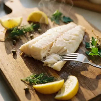 Perfecte witte visfilet op houten snijplank met vork die mals vlees scheidt, stoom stijgt op, citroen en kruiden