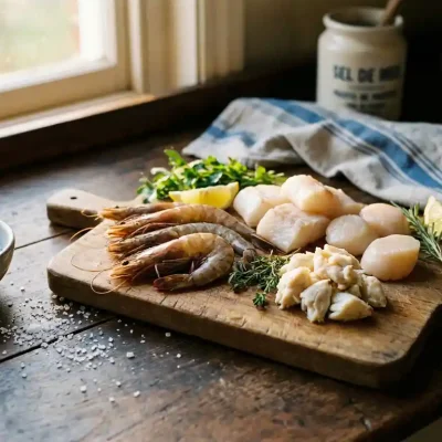 Verse garnalen, witte visfilet, jakobsschelpen en krabvlees op houten snijplank met zeezoutkristallen