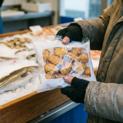 Bevroren kibbeling in doorzichtige verpakking met rijpkristallen, gehouden door verweerde handen boven een vismarkttoonbank met verse kabeljauw op ijs.