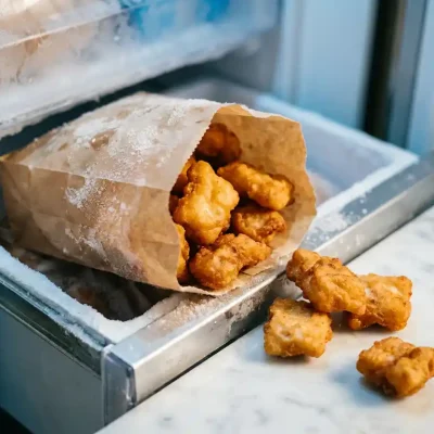 Zak met diepgevroren kibbeling in een vriezerlade, met ijskristallen op de verpakking en goudbruin gebakken stukjes vis ernaast.