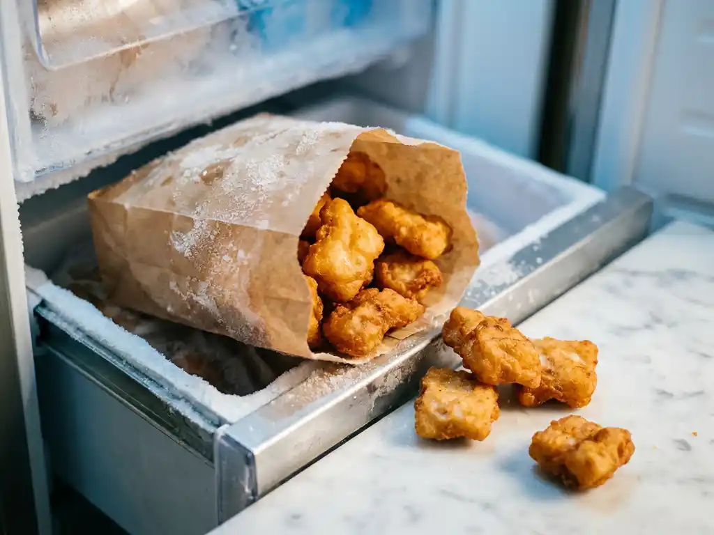 Zak met diepgevroren kibbeling in een vriezerlade, met ijskristallen op de verpakking en goudbruin gebakken stukjes vis ernaast.