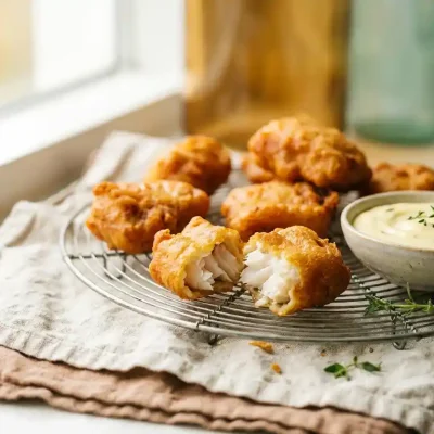 Knapperige kibbeling op een afkoelrek, één stuk opengebroken met vlokkerig wit visvlees, met een schaaltje romige dipsaus ernaast.