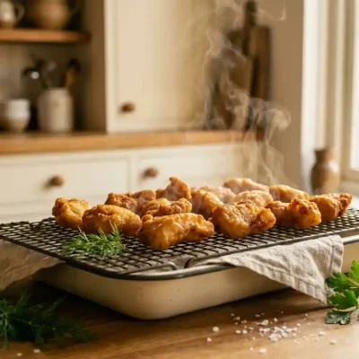 Goudbruin gebakken kibbeling op een afkoelrek, bestrooid met verse kruiden en grof zeezout, zachte natuurlijke belichting.