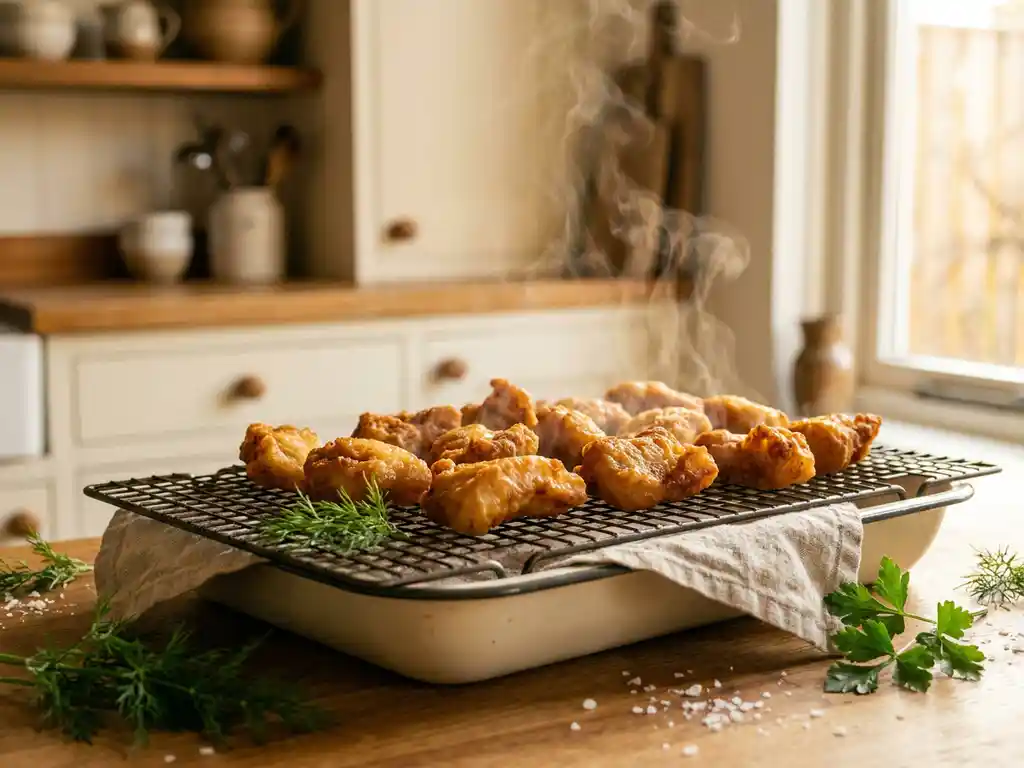 Goudbruin gebakken kibbeling op een afkoelrek, bestrooid met verse kruiden en grof zeezout, zachte natuurlijke belichting.