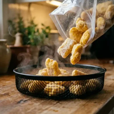 Bevroren kibbeling die vanuit een zak rechtstreeks in een zwarte airfryer basket valt, met opstijgende stoom.