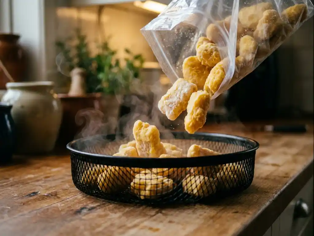 Bevroren kibbeling die vanuit een zak rechtstreeks in een zwarte airfryer basket valt, met opstijgende stoom.