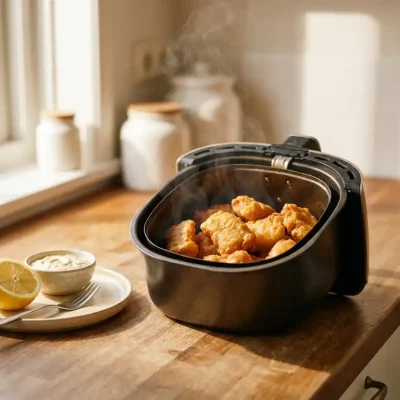 Goudgebakken kibbeling in een airfryer basket met een gehalveerde citroen, bereid in zachte natuurlijke belichting.