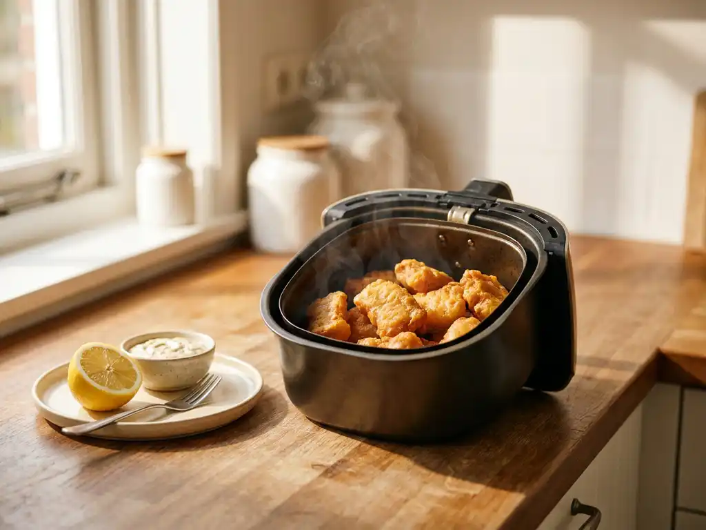 Goudgebakken kibbeling in een airfryer basket met een gehalveerde citroen, bereid in zachte natuurlijke belichting.