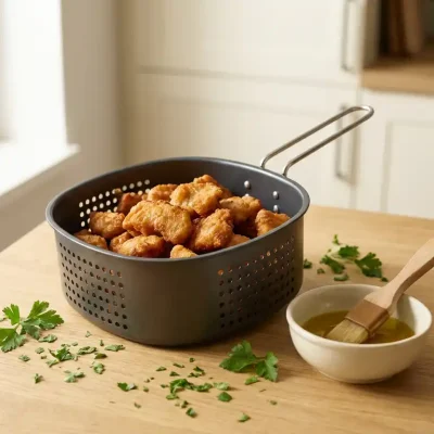 Goudbruin gebakken kibbeling in een airfryer basket, met een schaaltje olijfolie en kwastje op een licht houten aanrecht.