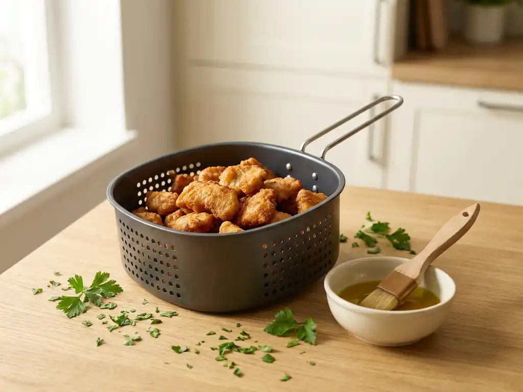 Goudbruin gebakken kibbeling in een airfryer basket, met een schaaltje olijfolie en kwastje op een licht houten aanrecht.