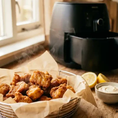 Goudbruin gebakken kibbeling in een rieten mandje met bakpapier, gestoomd uit de airfryer, geserveerd met citroen en dipsaus.