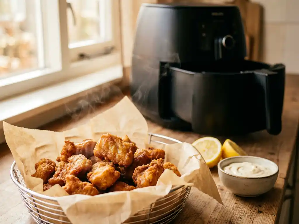 Goudbruin gebakken kibbeling in een rieten mandje met bakpapier, gestoomd uit de airfryer, geserveerd met citroen en dipsaus.