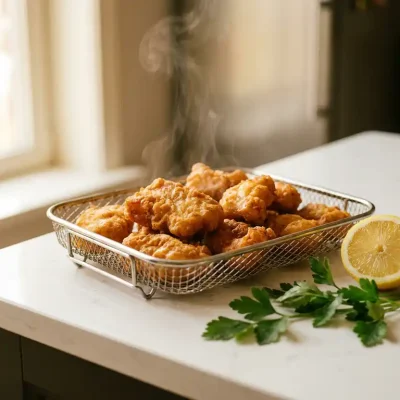 Goudbruine kibbeling in een airfryer-mand met stoom, vergezeld van een halve citroen en verse peterselie op een wit aanrecht.
