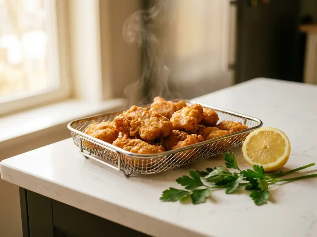 Goudbruine kibbeling in een airfryer-mand met stoom, vergezeld van een halve citroen en verse peterselie op een wit aanrecht.