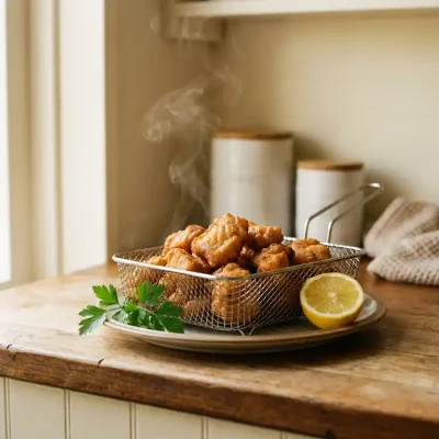 Goudbruin gebakken kibbeling in een airfryer basket, met een halve citroen en verse peterselie op het aanrecht.