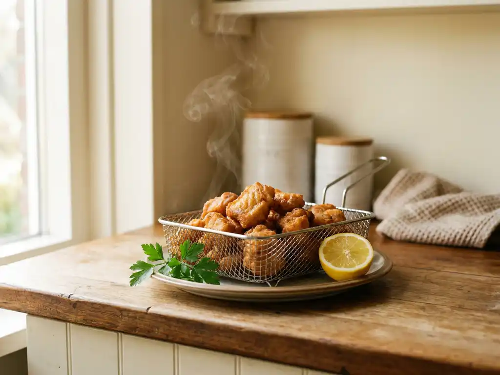 Goudbruin gebakken kibbeling in een airfryer basket, met een halve citroen en verse peterselie op het aanrecht.