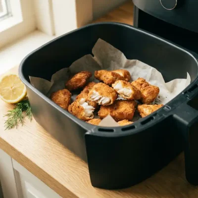 Knapperige kibbeling uit de airfryer met schilferig wit visvlees zichtbaar, geserveerd op bakpapier met een halve citroen.