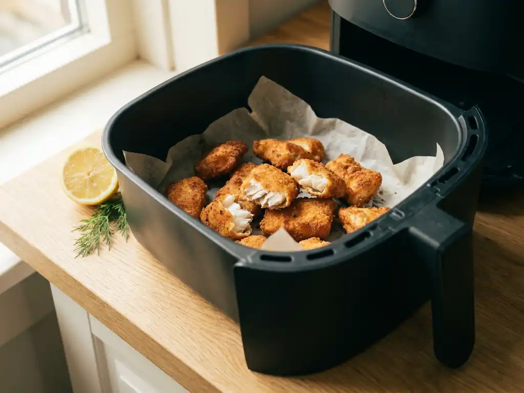 Knapperige kibbeling uit de airfryer met schilferig wit visvlees zichtbaar, geserveerd op bakpapier met een halve citroen.