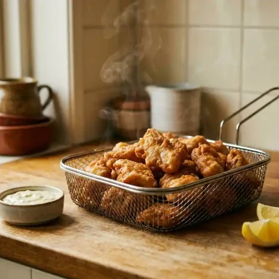Knapperige kibbeling in een airfryer basket met een romige dipsaus en citroenpartjes op een houten ondergrond.