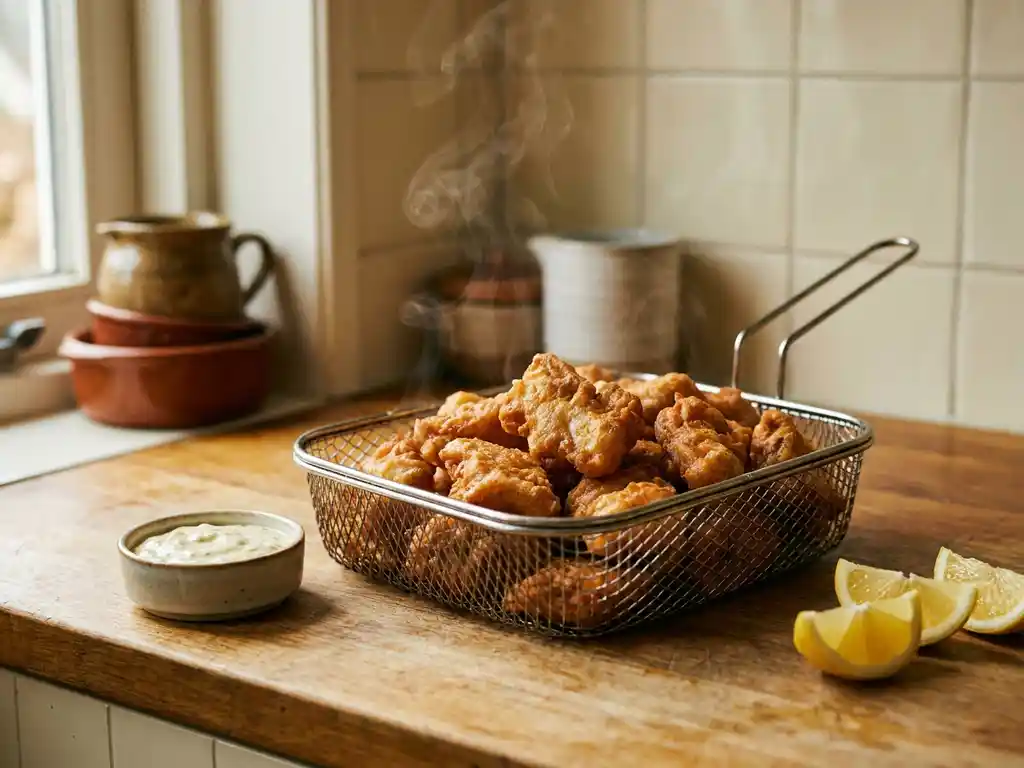 Knapperige kibbeling in een airfryer basket met een romige dipsaus en citroenpartjes op een houten ondergrond.