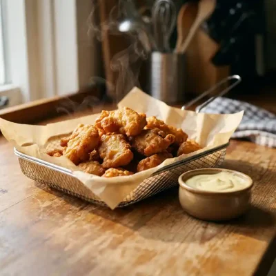 Knapperige kibbeling uit de airfryer op bakpapier met een kommetje dipsaus op een houten ondergrond.