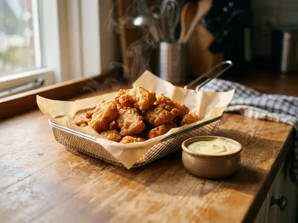 Knapperige kibbeling uit de airfryer op bakpapier met een kommetje dipsaus op een houten ondergrond.