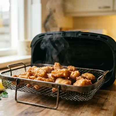 Goudbruin gebakken kibbeling in een airfryer-mand, geserveerd met een partje citroen en verse peterselie.