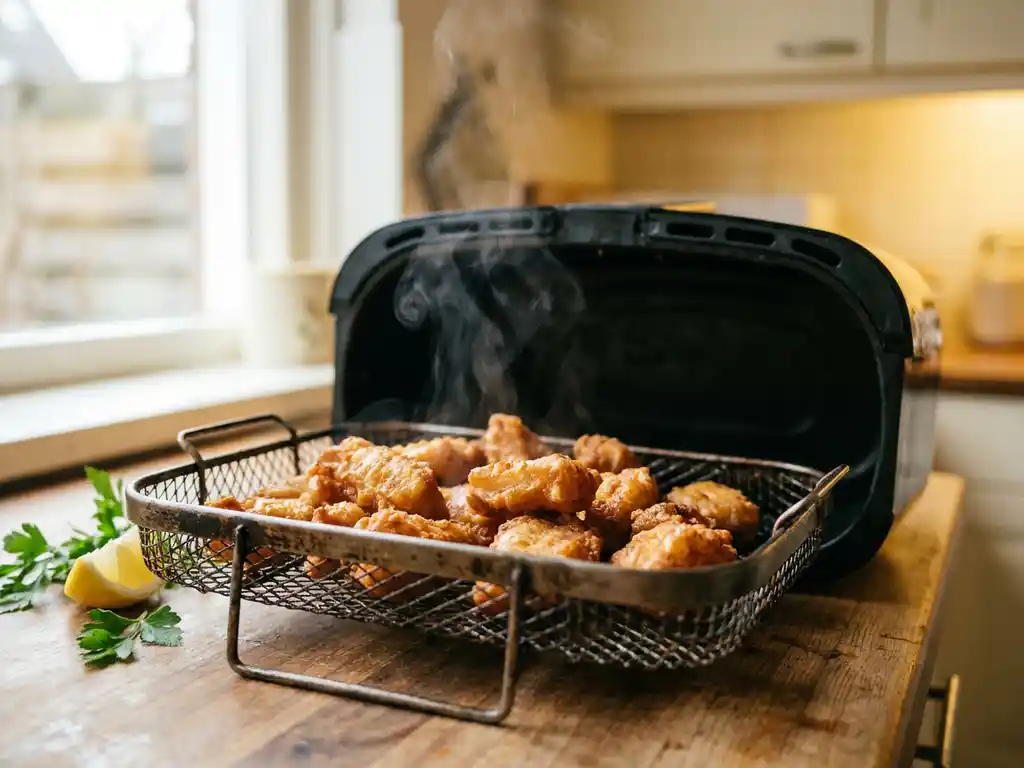 Goudbruin gebakken kibbeling in een airfryer-mand, geserveerd met een partje citroen en verse peterselie.