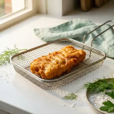 Goudbruin gebakken kibbeling in een airfryer basket, omringd door verse kruiden en zeezoutvlokken met een scheutje citroen.